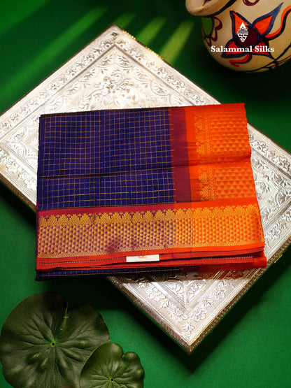 Beautiful Royal Blue Small Zari Checks Semi Silk Cotton Saree With Contrast Orange Blouse