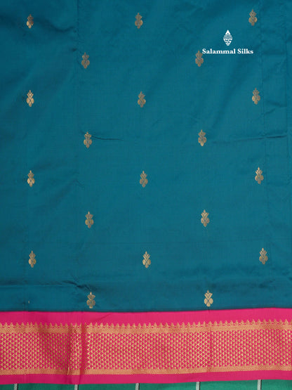 11 Yards Semi Silk Saree Peacock Blue with Contrast Pink Border