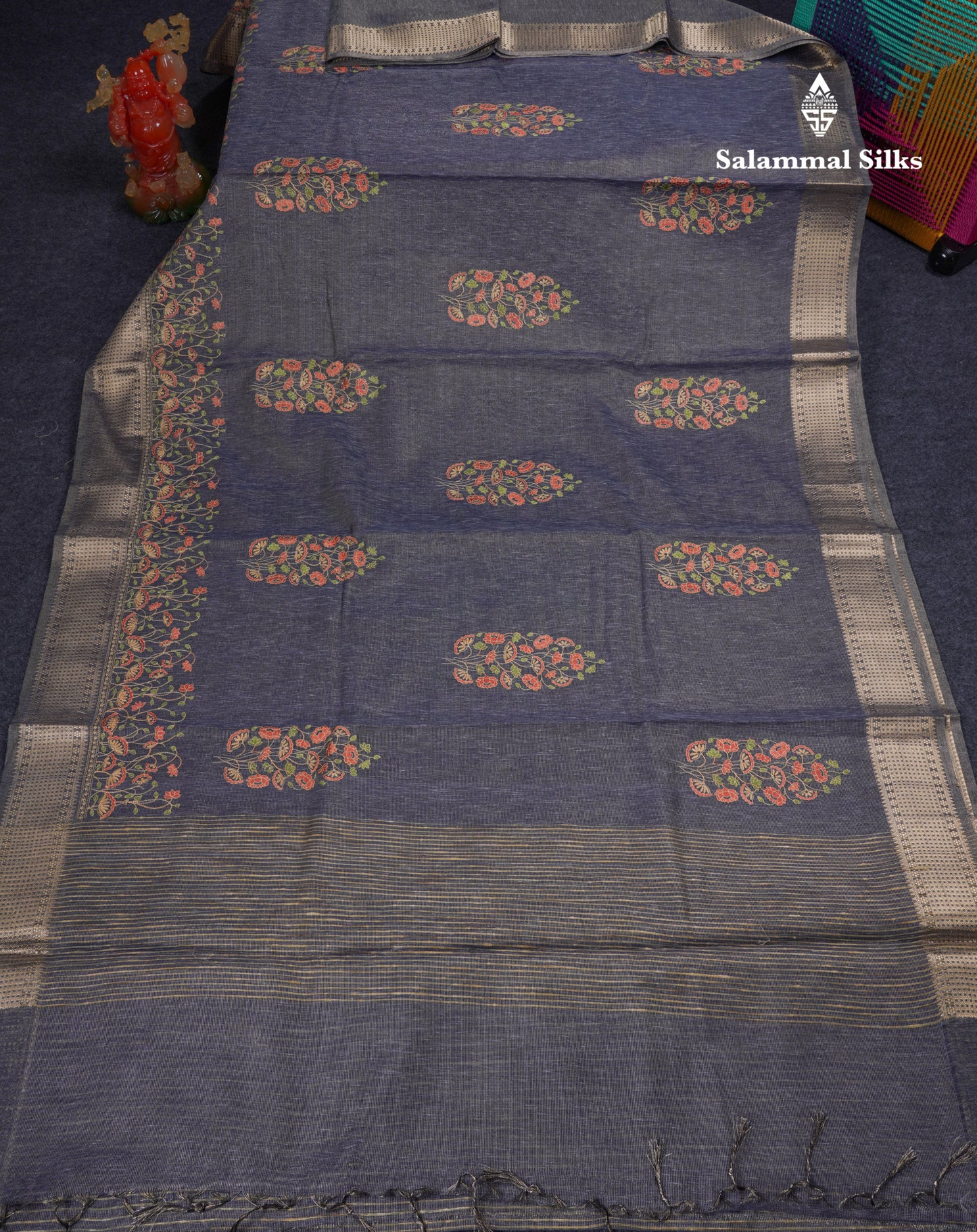 Beautiful Brown Embroidery Work Tissue Kota Cotton Fancy Saree With Self Blouse