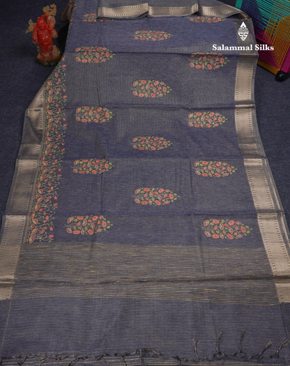 Beautiful Brown Embroidery Work Tissue Kota Cotton Fancy Saree With Self Blouse
