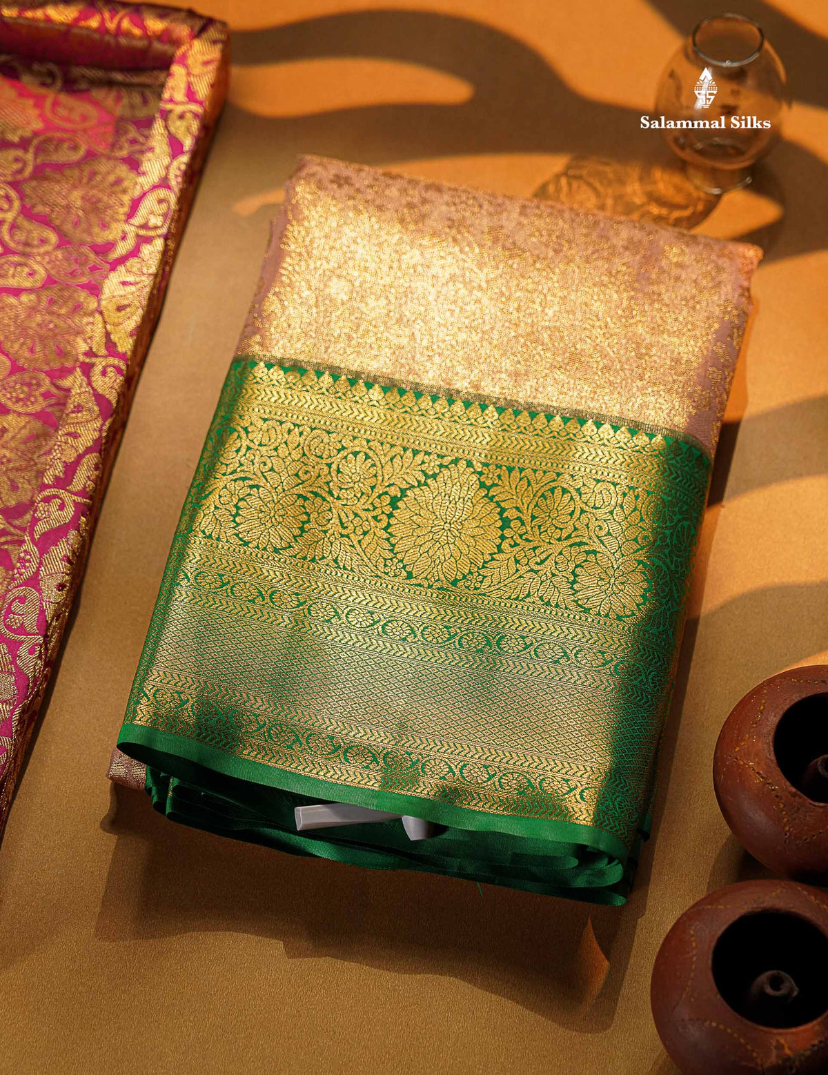 Beautiful Light Peach Tissue Bridal Semi Silk Saree With Contrast Green Traditional Evening Morning Border