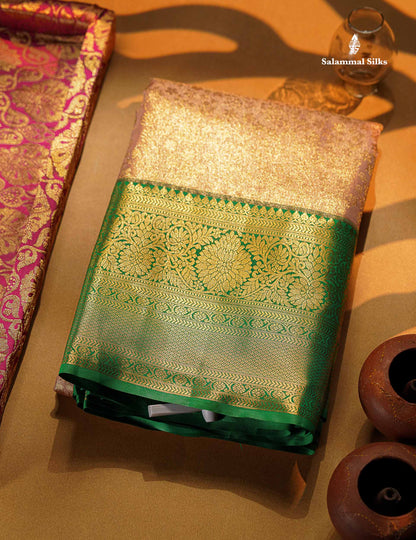 Beautiful Light Peach Tissue Bridal Semi Silk Saree With Contrast Green Traditional Evening Morning Border