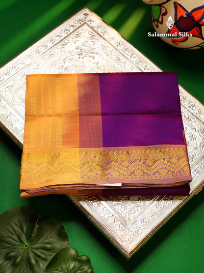 Beautiful Purple Plain Semi Silk Cotton Saree With Contrast Dark Sandal Blouse