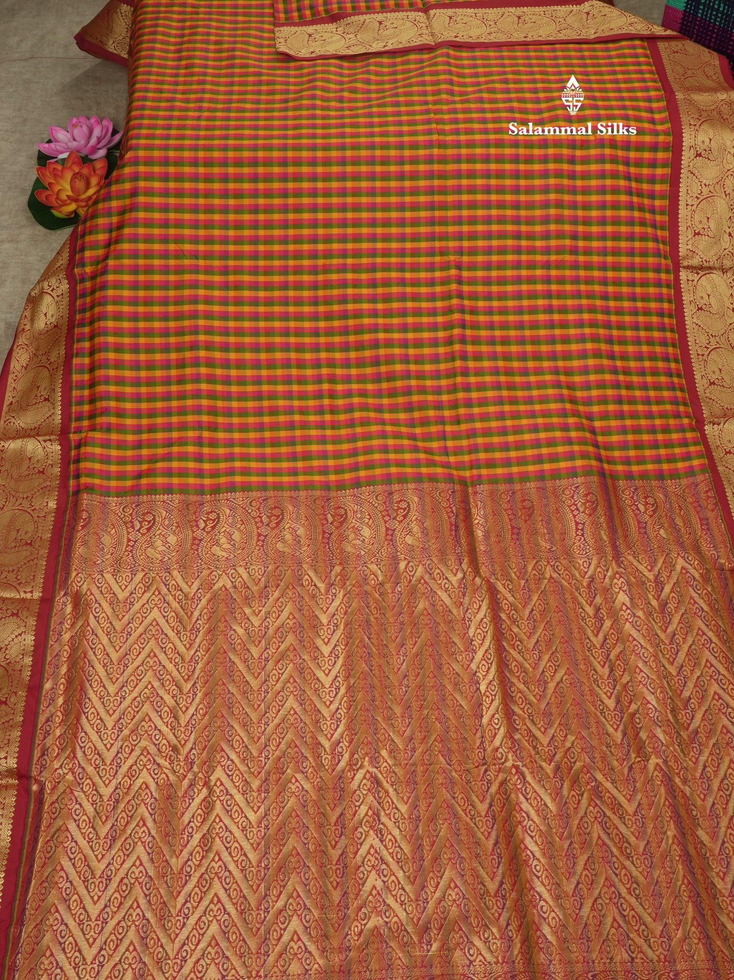 9.5 Yards Semi Silk Saree Multicolour Checks with Contrast Maroon Border