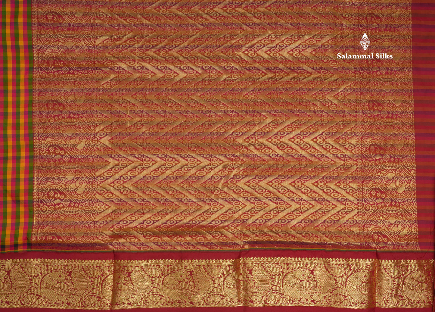 9.5 Yards Semi Silk Saree Multicolour Checks with Contrast Maroon Border