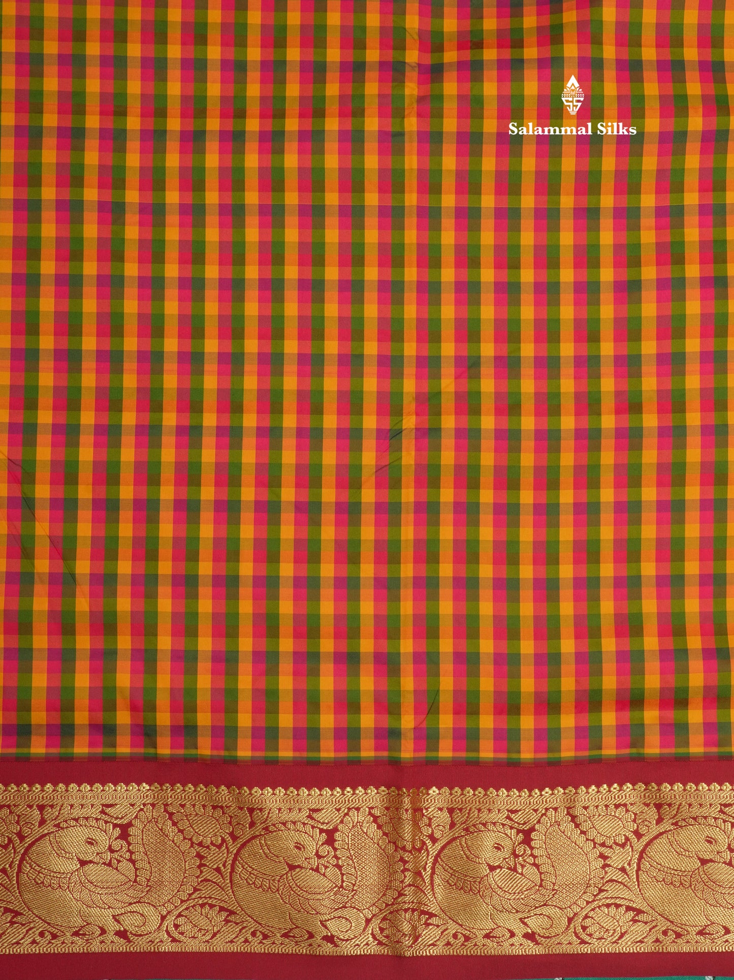 9.5 Yards Semi Silk Saree Multicolour Checks with Contrast Maroon Border