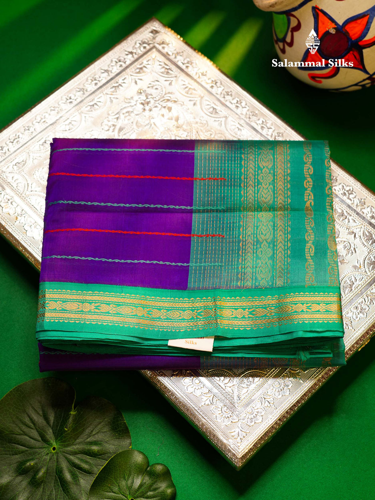 Beautiful Violet Thread Lines Handloom Pure Silk Cotton Saree With Sapphire Blue Traditional Border