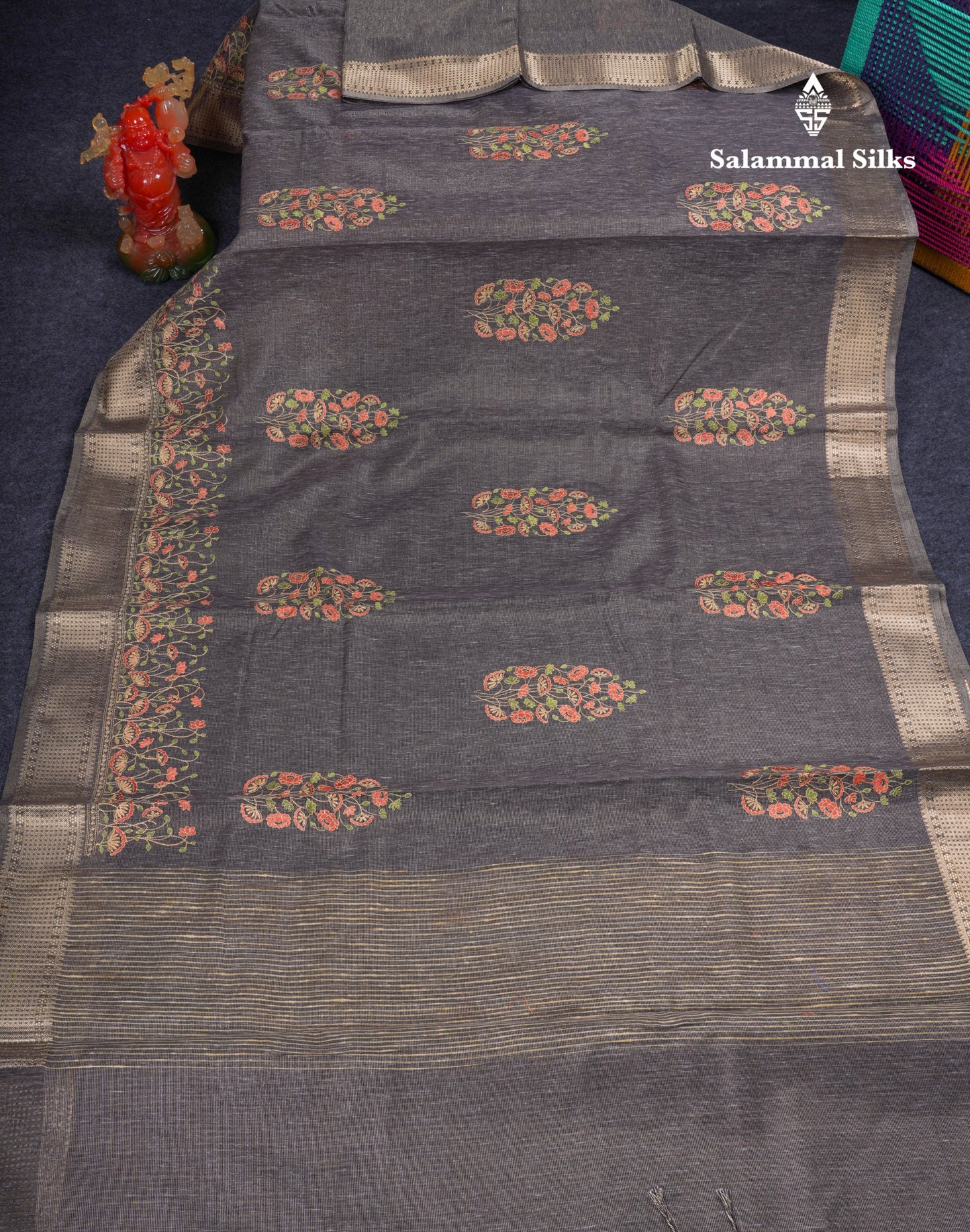 Beautiful Brown Embroidery Work Tissue Kota Cotton Fancy Saree With Self Blouse