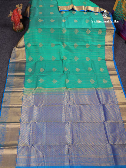 Beautiful Sapphire Green Small Checks With Butta Pure Kanjivaram Silk Saree With Contrast Blue Traditional Evening Morning Border