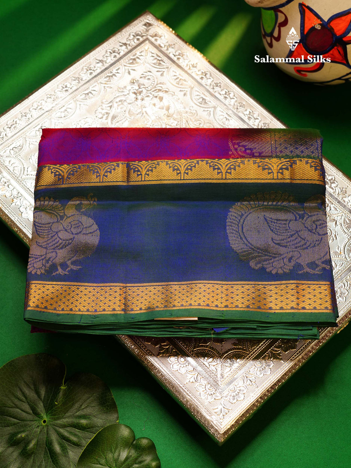 Beautiful Dual Tone Violet Pure Silk Cotton Saree With Contrast Peacock Blue Traditional Evening Morning Border