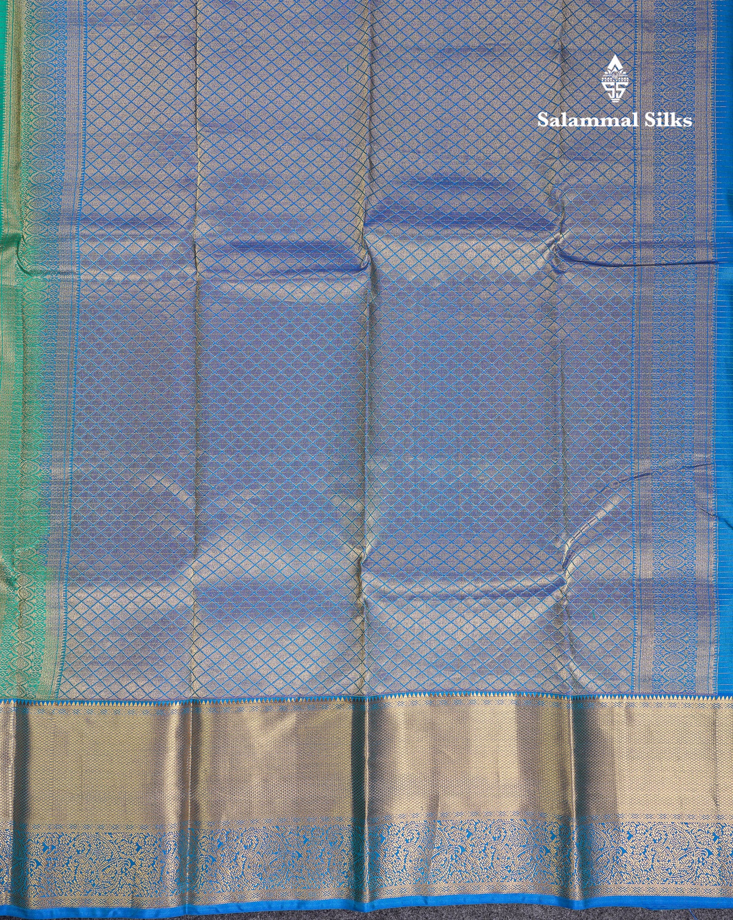 Beautiful Sapphire Green Small Checks With Butta Pure Kanjivaram Silk Saree With Contrast Blue Traditional Evening Morning Border