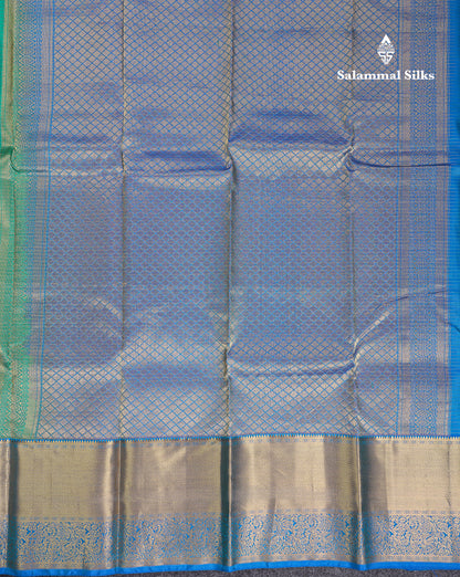 Beautiful Sapphire Green Small Checks With Butta Pure Kanjivaram Silk Saree With Contrast Blue Traditional Evening Morning Border
