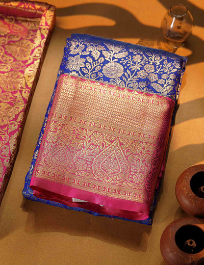 Bridal Semi Silk Saree -  Royal Blue Colour Body With Contrast Pink Traditional Evening Morning Border