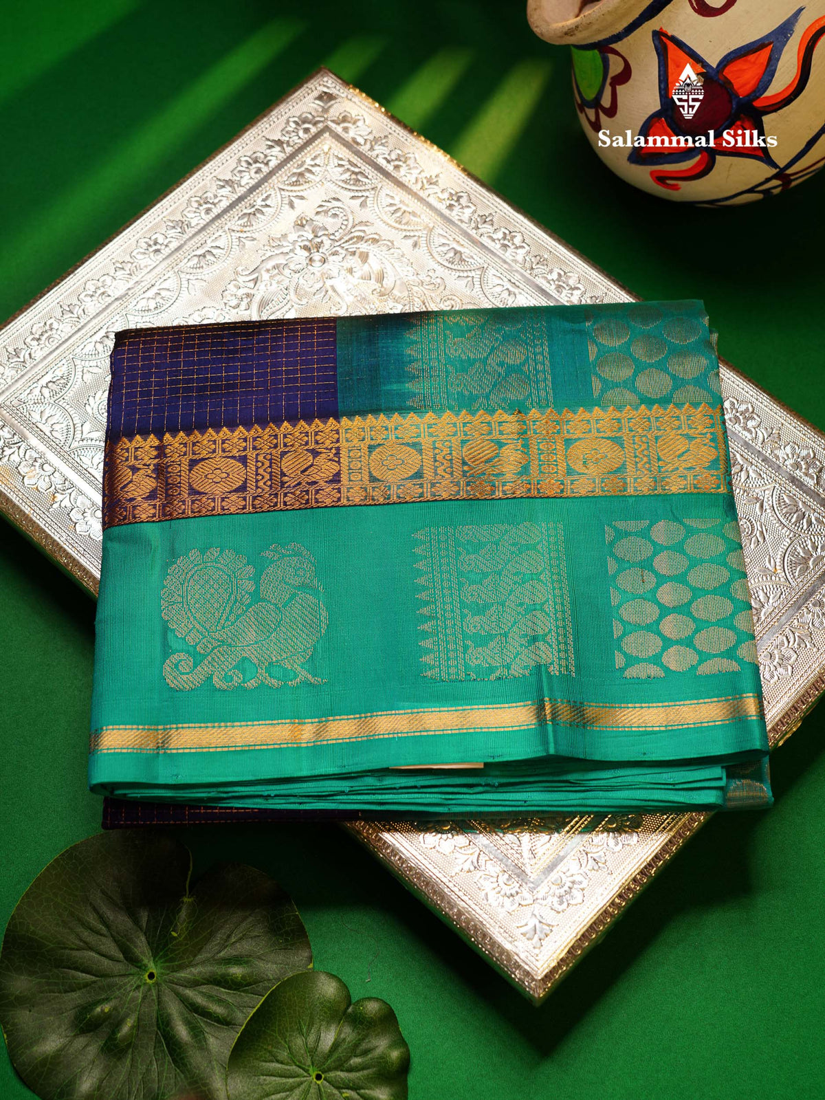 Beautiful Dual Tone Navy Blue Small Zari Checks Pure Silk Cotton Saree With Contrast Sapphire Blue Traditional Border
