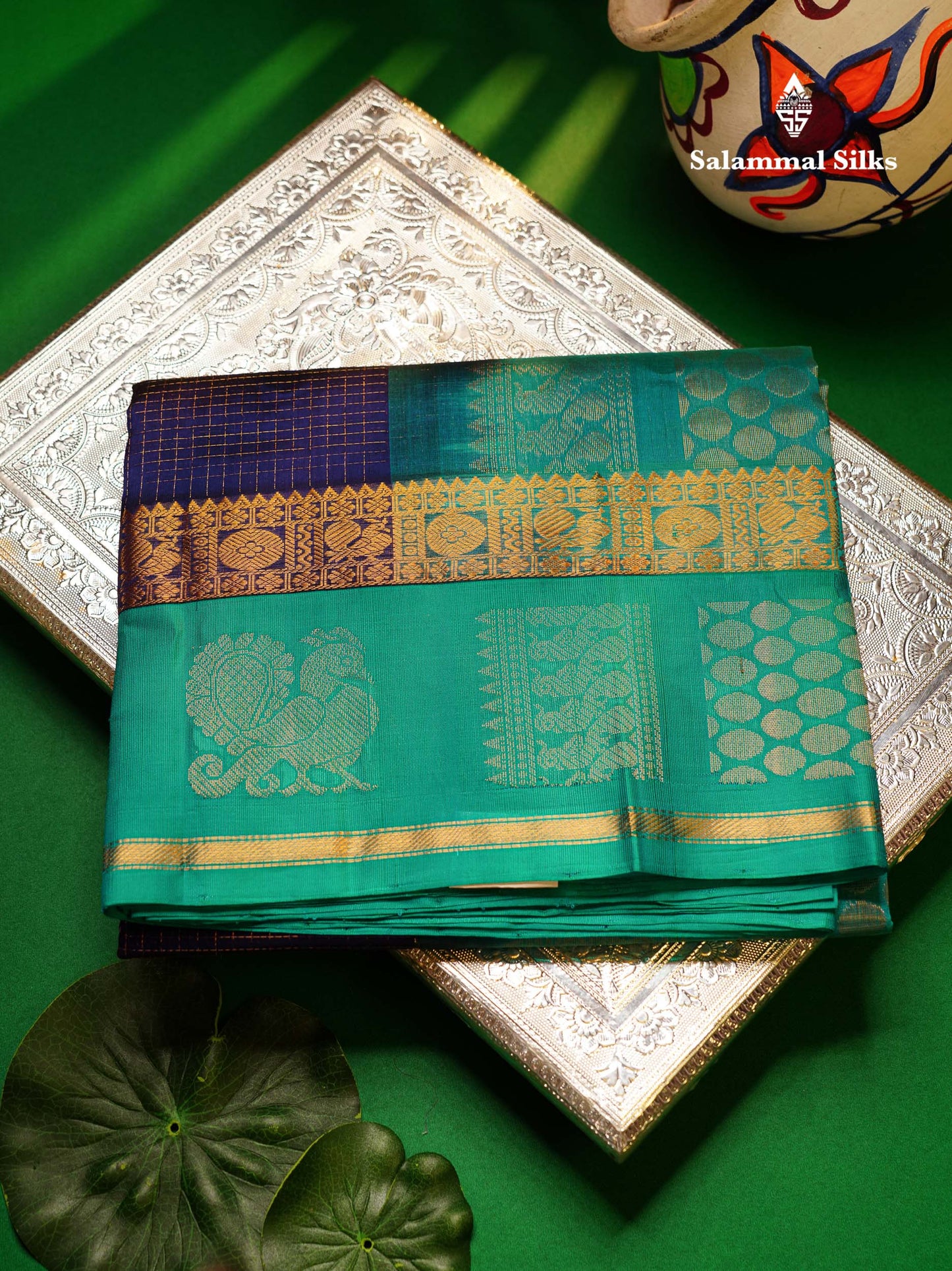 Beautiful Dual Tone Navy Blue Small Zari Checks Pure Silk Cotton Saree With Contrast Sapphire Blue Traditional Border