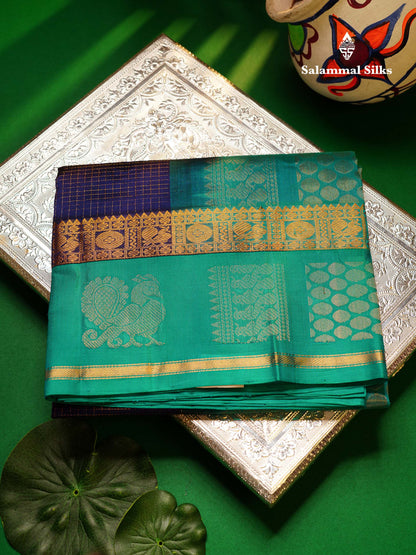 Beautiful Dual Tone Navy Blue Small Zari Checks Pure Silk Cotton Saree With Contrast Sapphire Blue Traditional Border