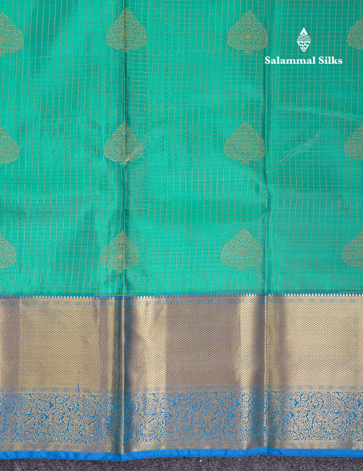 Beautiful Sapphire Green Small Checks With Butta Pure Kanjivaram Silk Saree With Contrast Blue Traditional Evening Morning Border