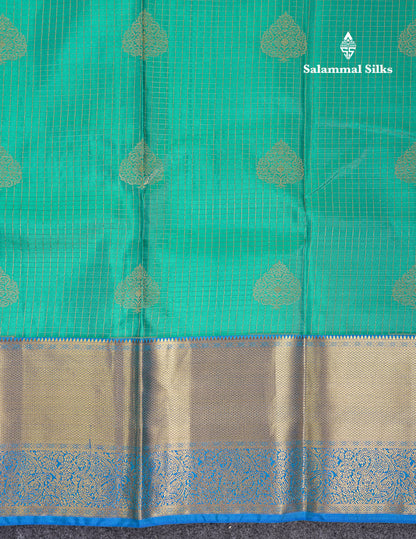Beautiful Sapphire Green Small Checks With Butta Pure Kanjivaram Silk Saree With Contrast Blue Traditional Evening Morning Border
