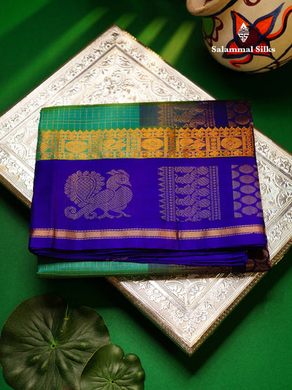 Beautiful Dual Tone Navy Blue Small Zari Checks Pure Silk Cotton Saree With Contrast Sapphire Blue Traditional Border