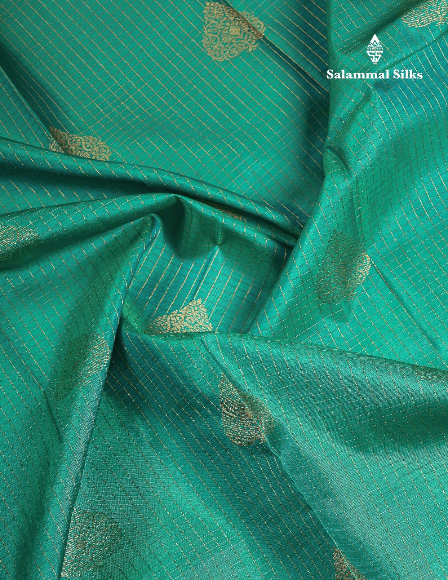 Beautiful Sapphire Green Small Checks With Butta Pure Kanjivaram Silk Saree With Contrast Blue Traditional Evening Morning Border