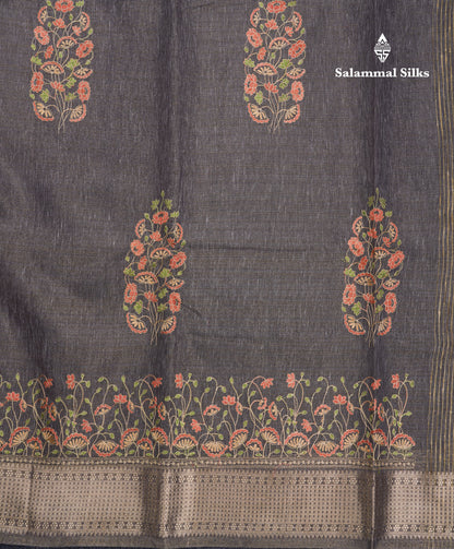 Beautiful Brown Embroidery Work Tissue Kota Cotton Fancy Saree With Self Blouse