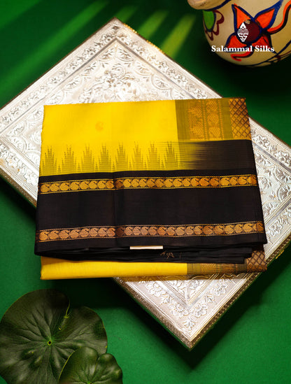 Beautiful Lemon Yellow Zari Mango Butta Pure Silk Cotton Saree With Contrast Dark Navy Blue Traditional Gap Border
