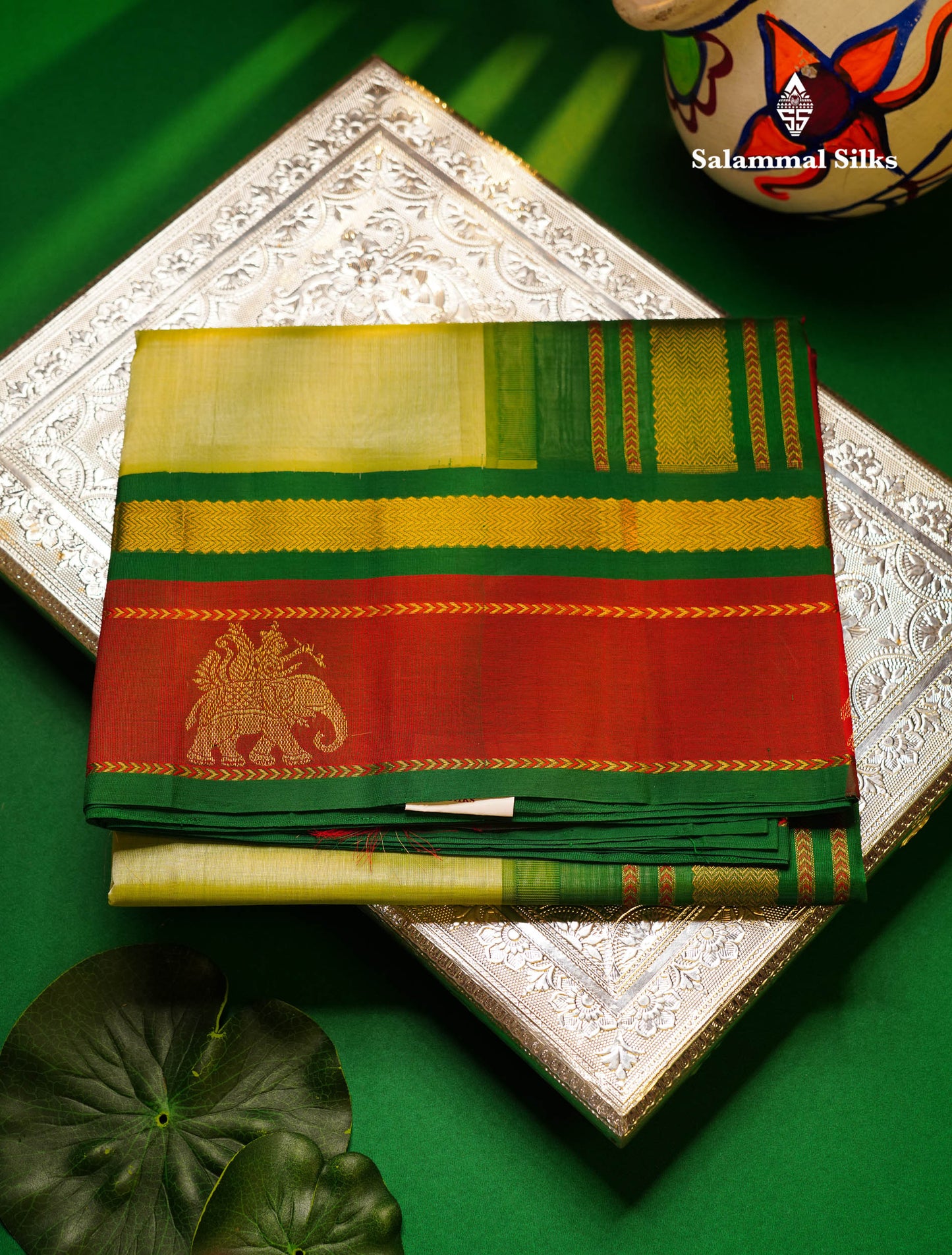 Beautiful Light Pista Green Plain Pure Silk Cotton Saree With Dual Tone Maroon Traditional Border