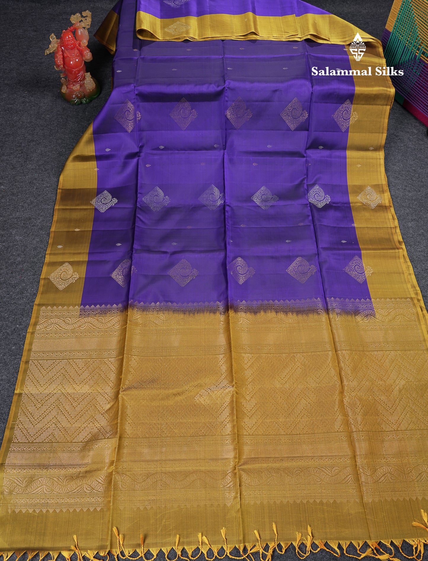 Beautiful Violet PureMix Kanjivaram Soft Silk Saree With Contrast Olive Mustard Yellow Fancy Border