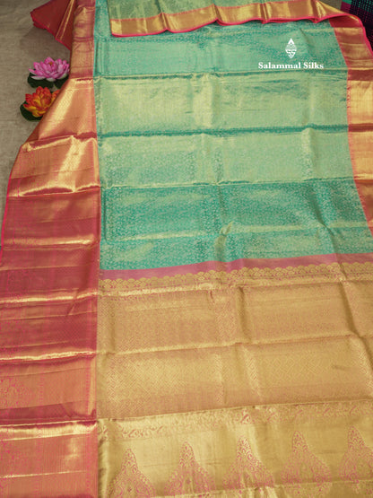 Sea Blue Beautiful Bridal Pure Kanjivaram Silk Saree With Long Pink Border