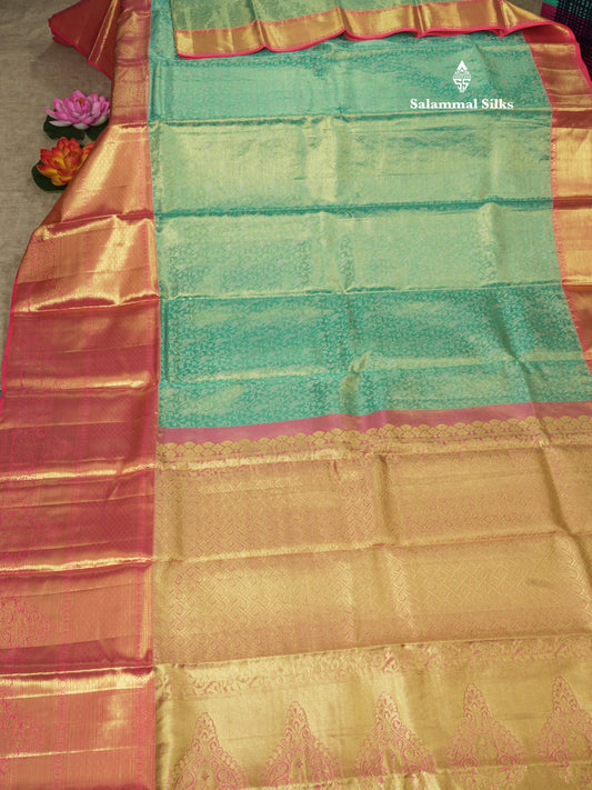 Sea Blue Beautiful Bridal Pure Kanjivaram Silk Saree With Long Pink Border
