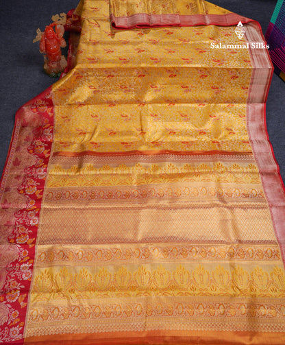 Beautiful Gold Tissue Bridal Pure Kanjivaram Silk Saree With Contrast Chilly Red Fancy Border