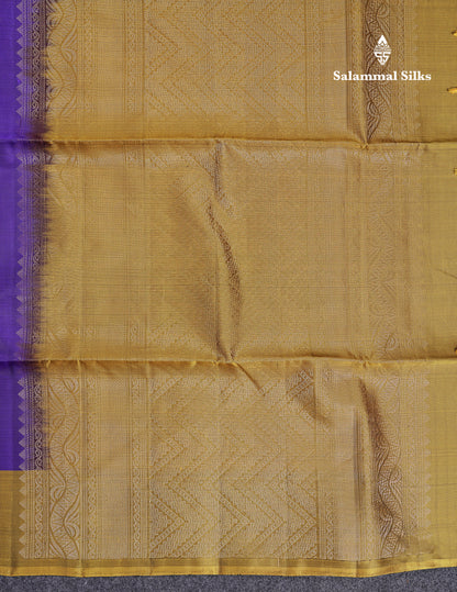 Beautiful Violet PureMix Kanjivaram Soft Silk Saree With Contrast Olive Mustard Yellow Fancy Border