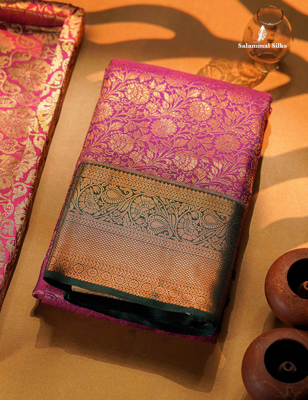 Magenta Beautiful Grand Bridal Semi Silk Saree With Contrast Bottle Green Border