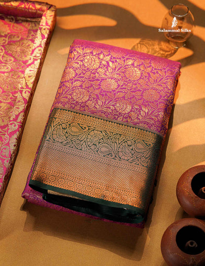 Magenta Beautiful Grand Bridal Semi Silk Saree With Contrast Bottle Green Border
