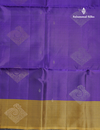 Beautiful Violet PureMix Kanjivaram Soft Silk Saree With Contrast Olive Mustard Yellow Fancy Border