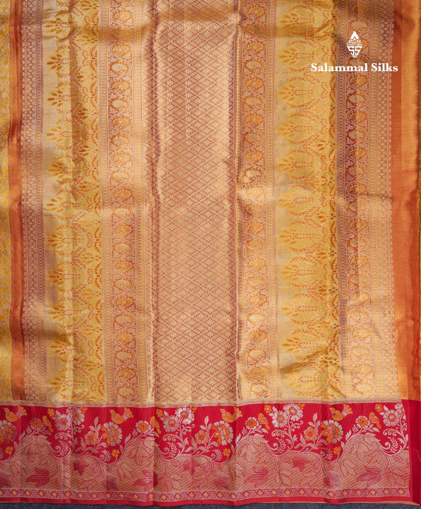 Beautiful Gold Tissue Bridal Pure Kanjivaram Silk Saree With Contrast Chilly Red Fancy Border
