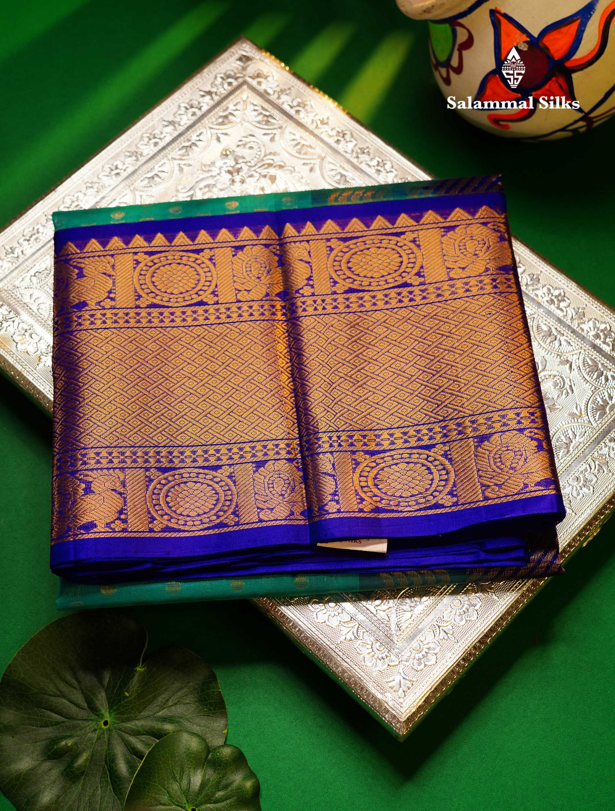 Beautiful Sapphire Blue Silver & Gold Zari Buttas Pure Silk Cotton Saree With Contrast Royal Blue Traditional Evening Morning Border