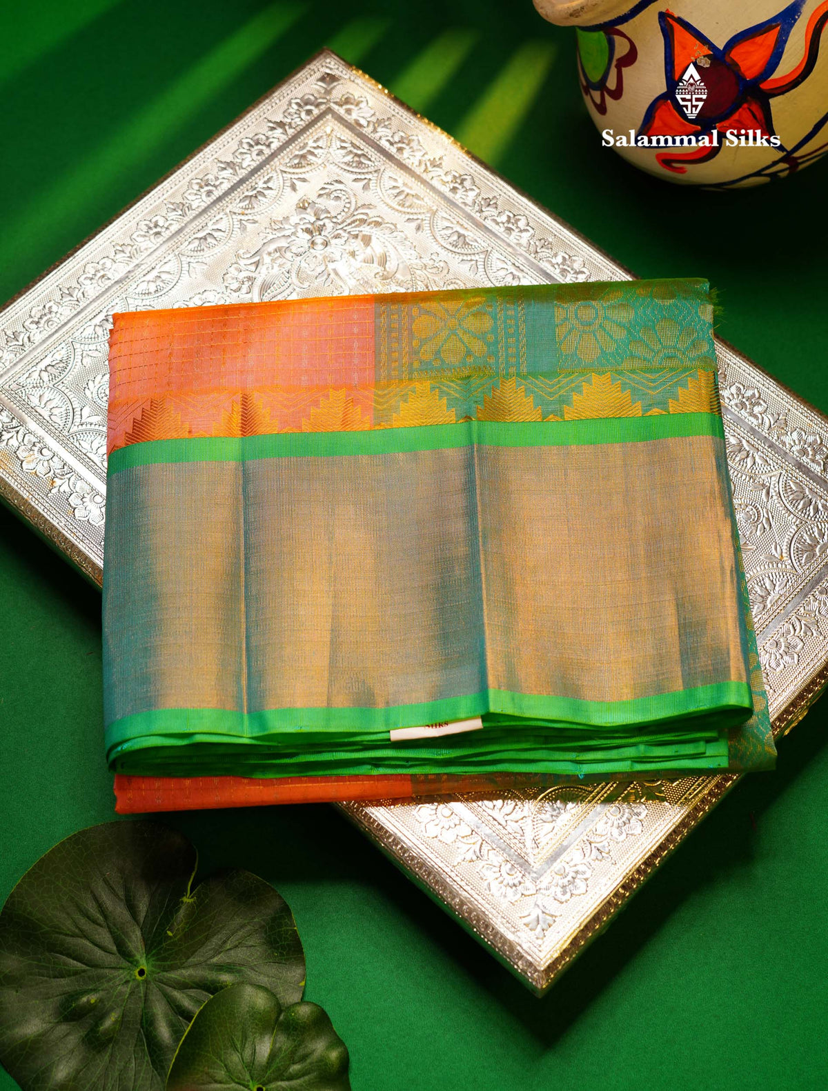 Beautiful Dual Tone Peach Small Checks With Silver & Gold Zari Buttas Pure Silk Cotton Saree With Contrast Rexona Green Traditional Evening Morning Border