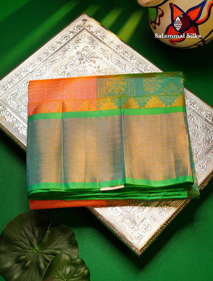 Beautiful Dual Tone Peach Small Checks With Silver & Gold Zari Buttas Pure Silk Cotton Saree With Contrast Rexona Green Traditional Evening Morning Border