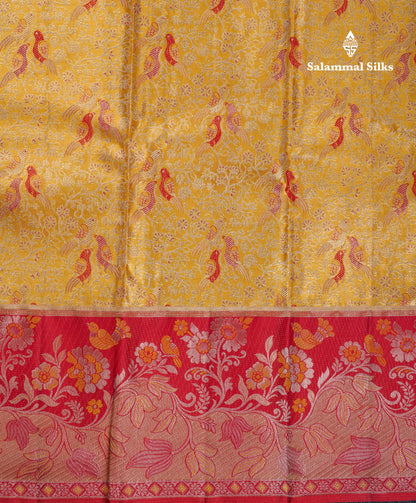 Beautiful Gold Tissue Bridal Pure Kanjivaram Silk Saree With Contrast Chilly Red Fancy Border