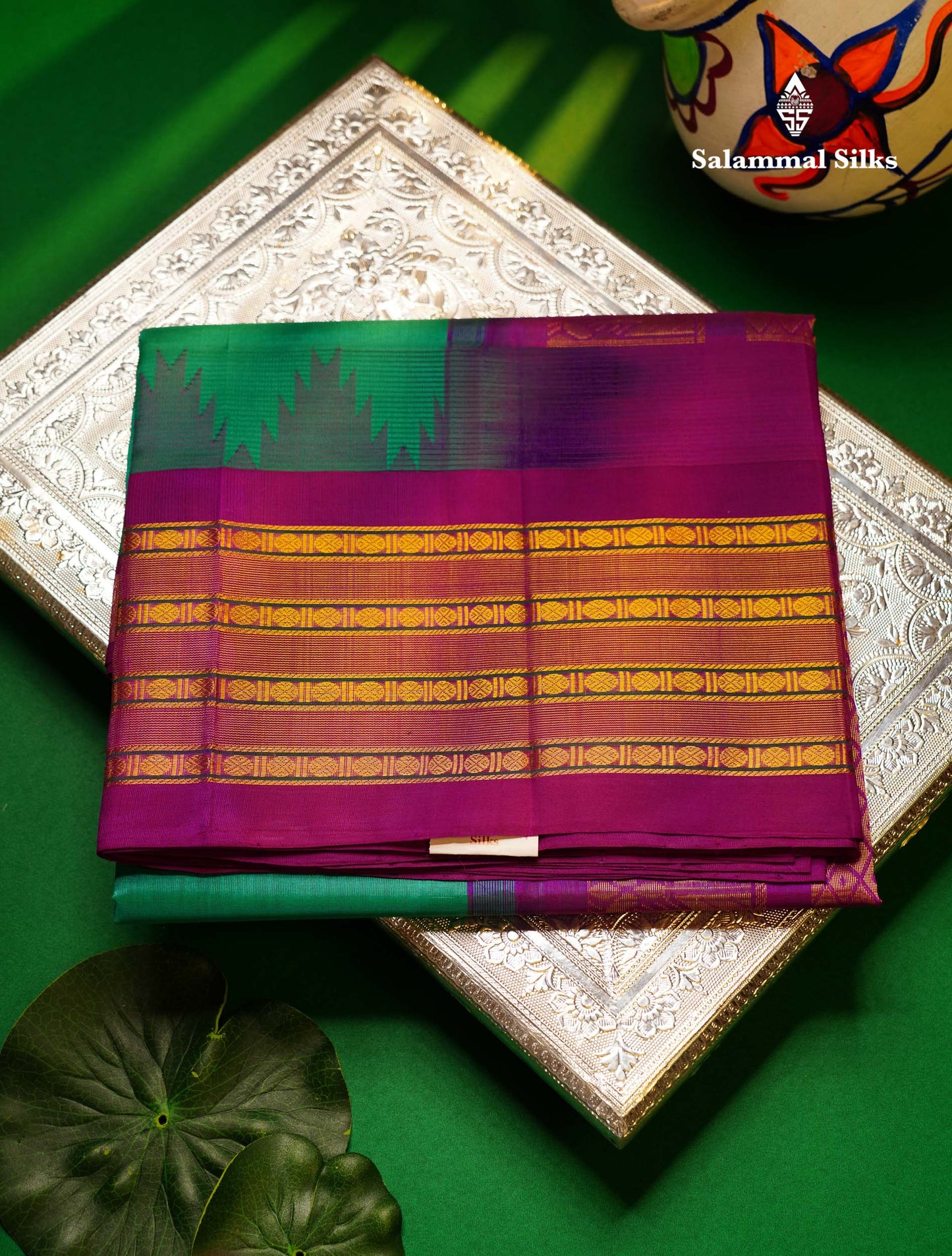 Beautiful Sapphire Green Plain Pure Silk Cotton Saree With Contrast Vadamalli Traditional Evening Morning Border