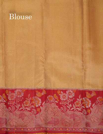 Beautiful Gold Tissue Bridal Pure Kanjivaram Silk Saree With Contrast Chilly Red Fancy Border