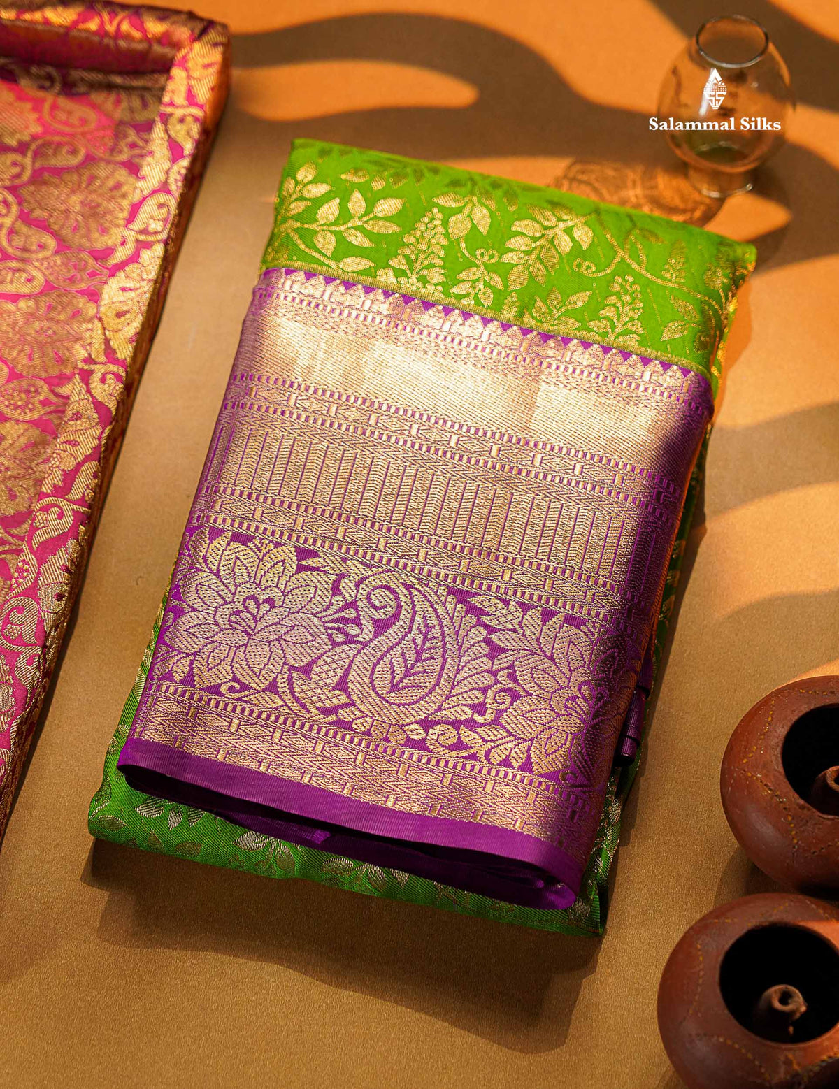 Green Semi Silk Saree With Contrast Violet Traditional Evening Morning Border