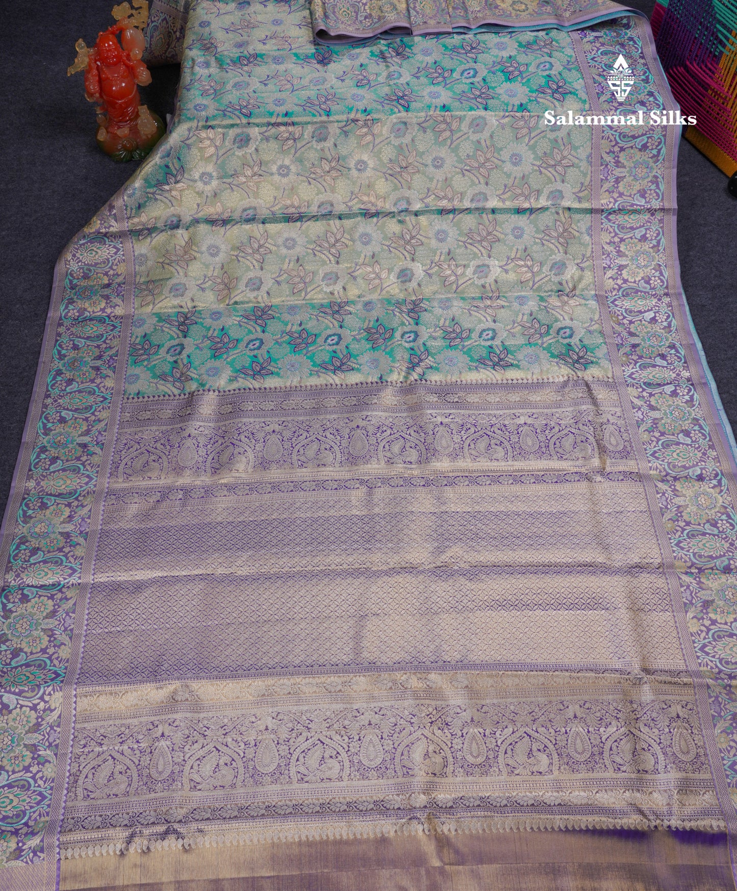 Beautiful Pastel Blue Tissue Bridal Pure Kanjivaram Silk Saree With Contrast Light Lavender Fancy Border