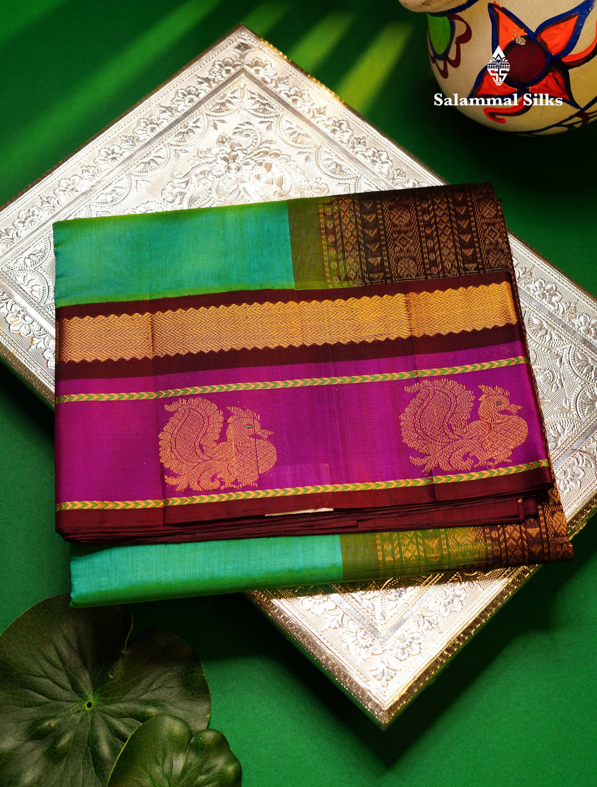 Beautiful Dual Tone Sapphire Green Pure Silk Cotton Saree With Contrast Vadamalli Traditional Border