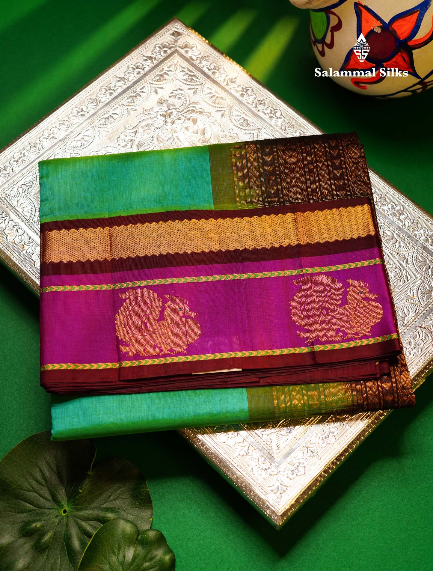 Beautiful Dual Tone Sapphire Green Pure Silk Cotton Saree With Contrast Vadamalli Traditional Border