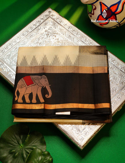 Beautiful Half White Plain Pure Silk Cotton Saree With Contrast Black Traditional Menakari Work & Temple Border
