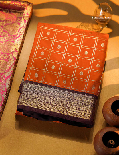 Beautiful Rust Orange Zari Checks With Butta Semi Silk Saree With Contrast Magenta Traditional Medium Border