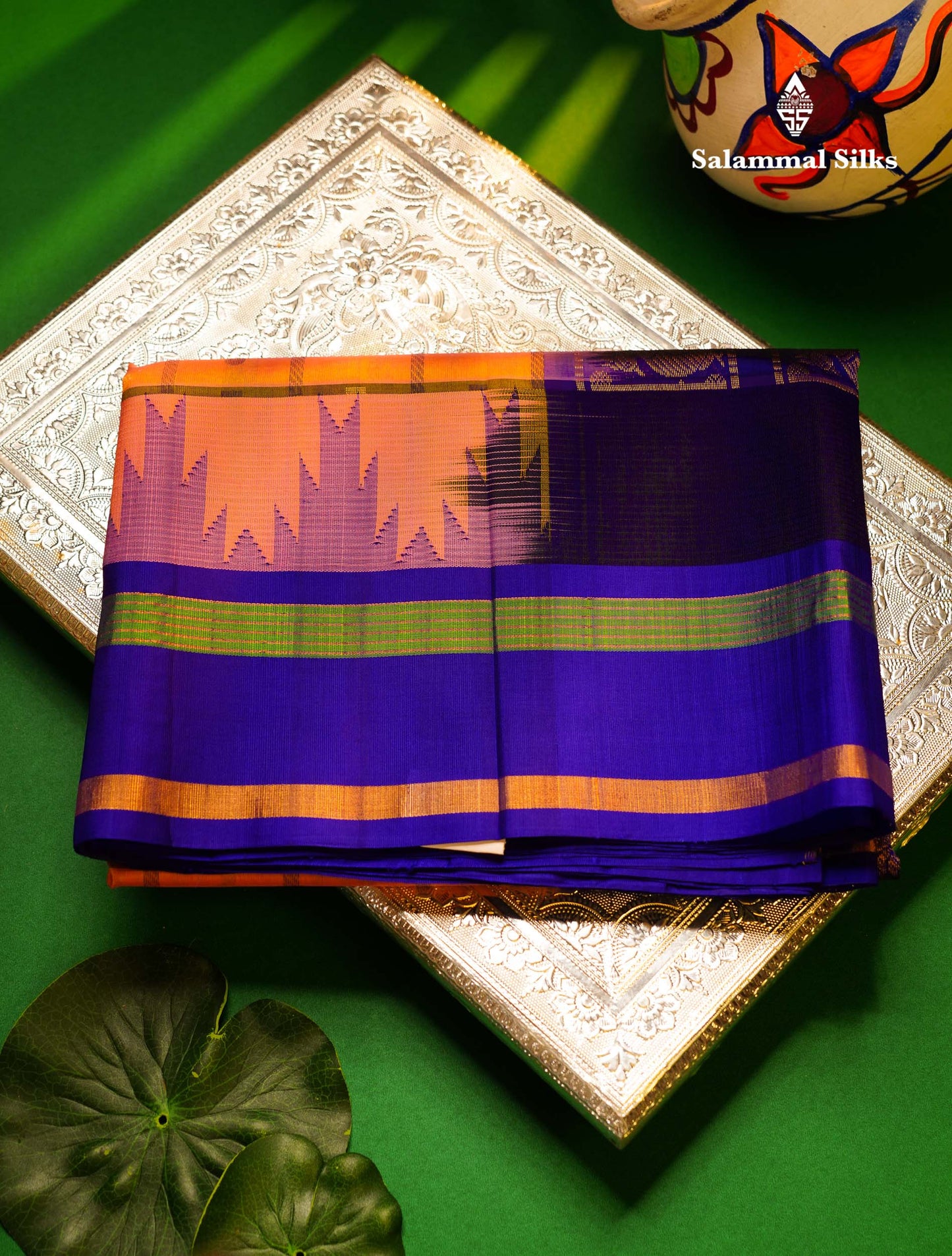 Beautiful Dual Tone Pinkish Peach Checks With Butta Silk Cotton Saree With Contrast Bottle Green Traditional Temple & Gap Border