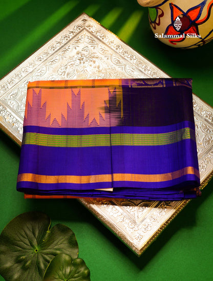 Beautiful Dual Tone Pinkish Peach Checks With Butta Silk Cotton Saree With Contrast Bottle Green Traditional Temple & Gap Border